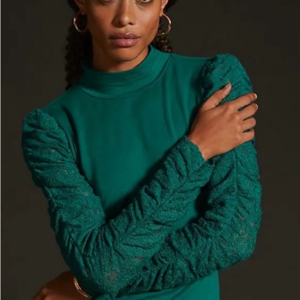 Maeve by Anthropologie Mock Neck Top with Ruched Lace Sleeves